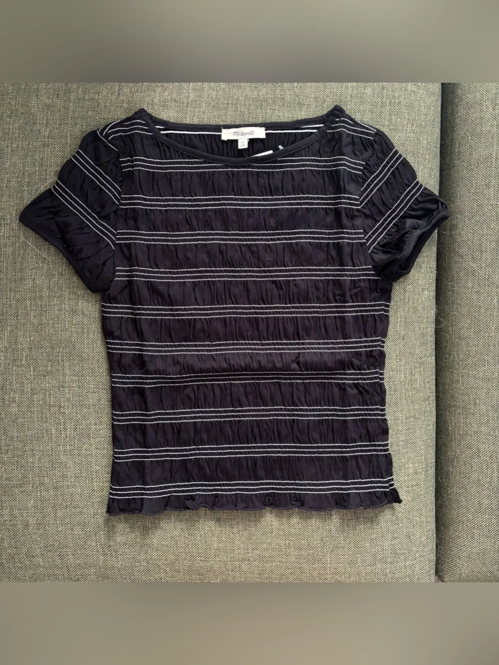 Madewell XS black ruched shirt with white stripes